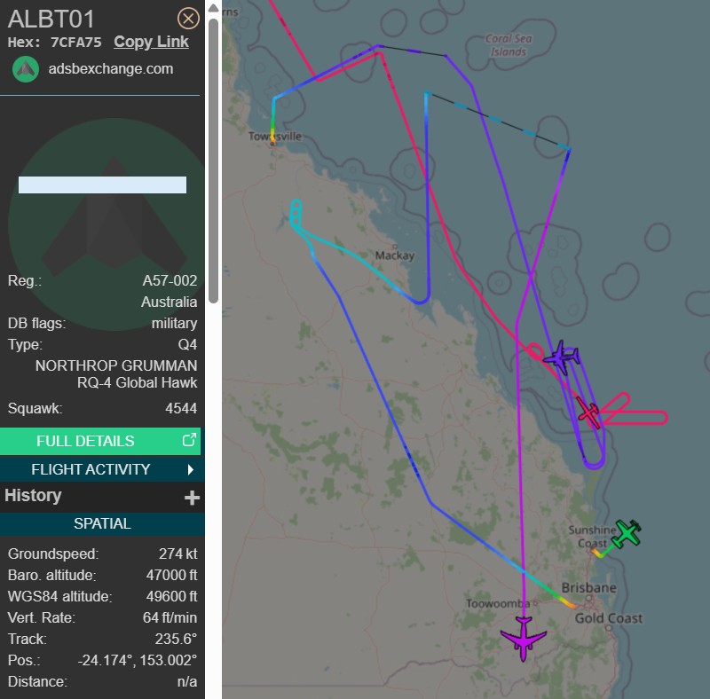 raaf_vip's tweet photo. #AusAirForce busy off the Queensland coast.

Northrop Grumman MQ-4C Triton // A57-002 // #7CFA75 // Albatross 01 out of RAAF Tindal (KTR)

Boeing E-7A Wedgetail // A30-002 // #7CF8F1 // Mitchell 22 out of RAAF Townsville (TSV)

Airbus KC-30A MRTT // A39-006 // #7CF9C8 // Dragon 50 out of RAAF Amberley (YAMB)

2x Pilatus PC-21 out of Sunshine Coast (MCY)
A54-046 // #7CFA05 // Reaper 11
A54-047 // #7CFA06 // Reaper 12

Plus possible fighter jets, all part of this increased activity notice which doesn't list active aircraft: https://t.co/9jK6iuCMsD

@sipjack1776 @Borrowed7Time @airman941 @thenewarea51  @CeciliaSykala @Will_Jacko2708 

#RAAF #Australia #Queensland #QLD
