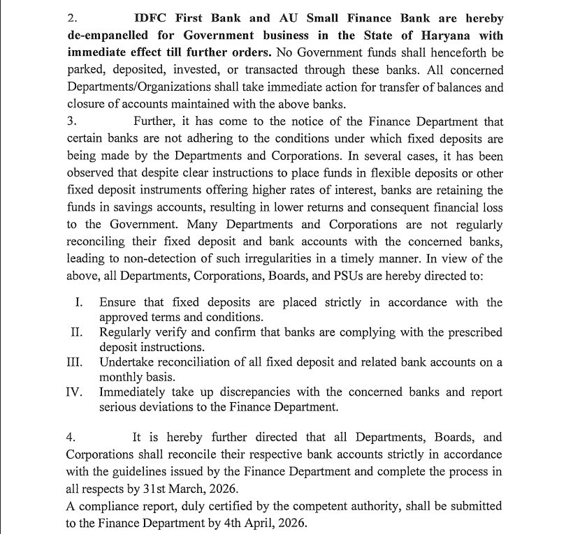 moneygurusumit's tweet photo. 🚨 UPDATE: Haryana govt has de-empaneled #IDFC First Bank and AU Small Finance Bank with immediate effect.

After the ₹590 Cr discrepancy, action has followed quickly.

This is getting serious. https://t.co/wwcvb5VxnG