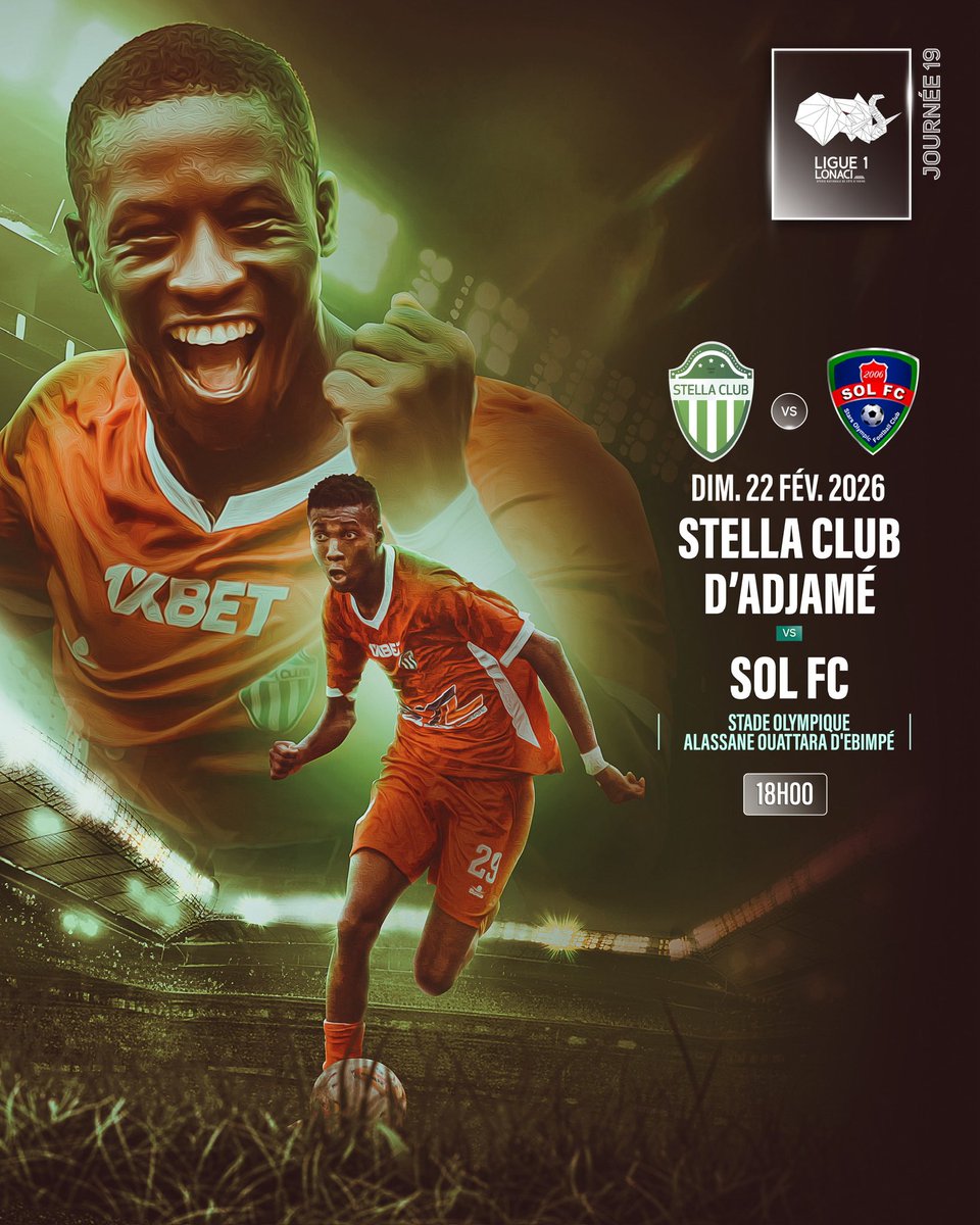 StellaClubAdjam's tweet photo. 🟢JOUR DE MATCH - Journée 19

🗓️ Ce Dimanche 22 Février 2026
🆚 SOL FC
🕒 18H00
🏟️ Stade Olympique Alassane Ouattara d'Ebimpé

Allez les magnans 💚💪🏾

#stellaclubdadjame #allezlesmagnans #lonaciligue1🇨🇮⚽ https://t.co/9BqTSqRAiD