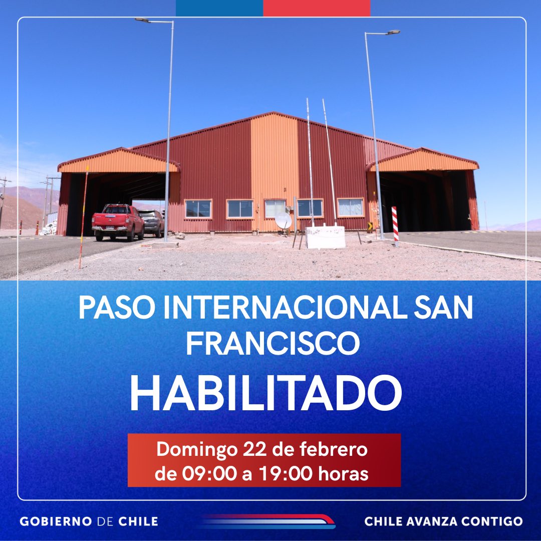 ATENCIÓN ⚠️ Complejo Fronterizo San Francisco habilitado para todo tipo de vehículos 🚗🚌🚚 este domingo 22 de febrero de 9:00 a 19:00 horas. Se mantiene el cierre de barrera a las 17:30 hrs. 🇨🇱-🇦🇷 <a href="/UPFronterizos/">Pasos Fronterizos</a>