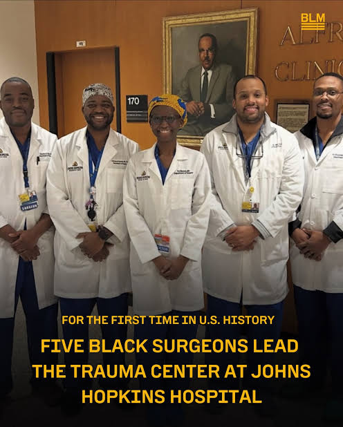 Breaking news graphic on five Black surgeons leading Johns Hopkins trauma service