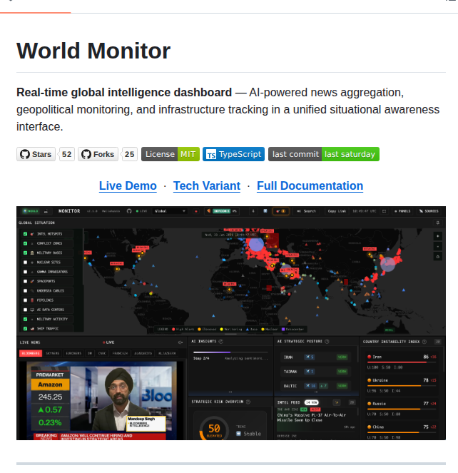 heynavtoor's tweet image. 🚨 Someone just built a real-time global intelligence dashboard  and open sourced it for free.

It's called World Monitor. Think of it as a CNN war room meets Bloomberg Terminal for geopolitics  but anyone can use it.

No paid OSINT tools. No expensive subscriptions. No