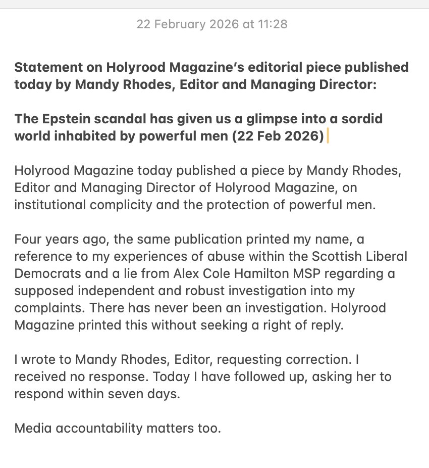 EmmaWalkerCEO's tweet image. My statement on @holyroodmandy's piece in @HolyroodDaily today on how powerful men inhabit the world. I hope she reflects on the media's involvement and responds to my latest email asking for my right to reply in her own publication. 

#AskAlex #AskEd #AskMandy