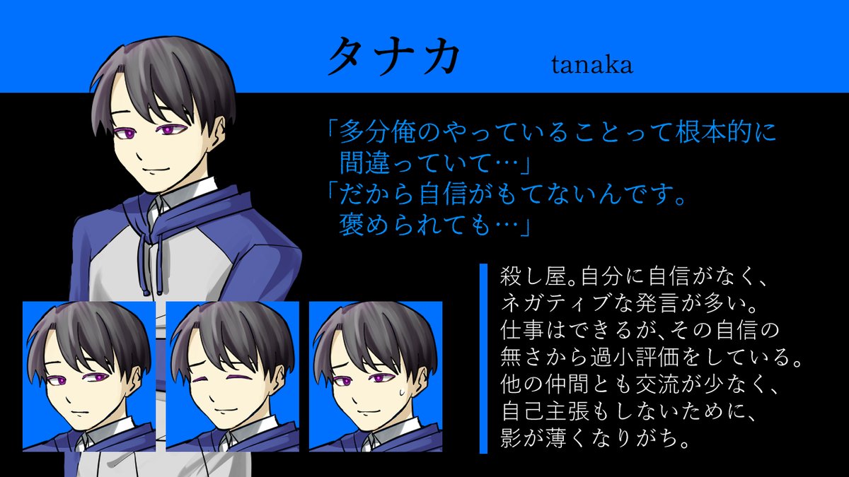 🔶キャラ紹介５番目はタナカ。
自分に自信がなく、人と関わるのを避けています。
仕事はできるため、主人公ハーフマンには信用されています。
#ゲーム制作