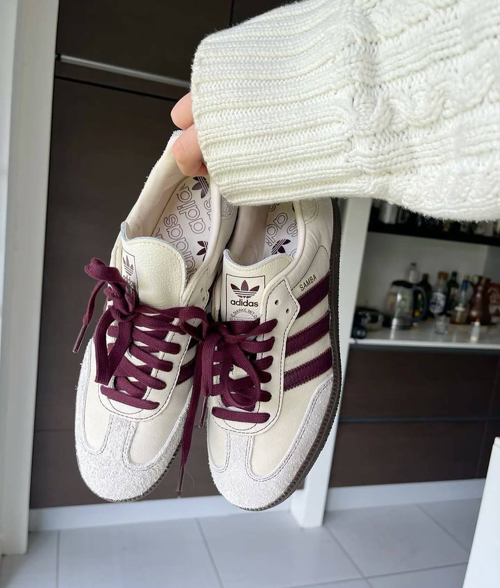 Clean, classic, forever cool — Adidas Samba OG in white &amp; maroon🫶😍