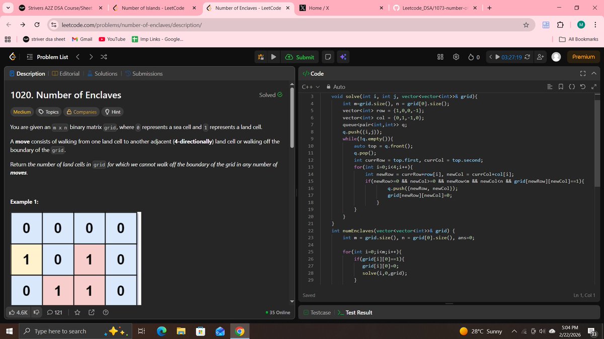 MayankK53059499's tweet photo. #day122 of Coding
Solved Two Graph traversal problems number of enclaves and islands after 4 days due to working on project
Searching for internship opportunity as developer or software trainee
7303070742
Github: https://t.co/BL9KOGRCxm
#100DaysOfCode #BuildInPublic #Consistency https://t.co/h6J4RRqrDj