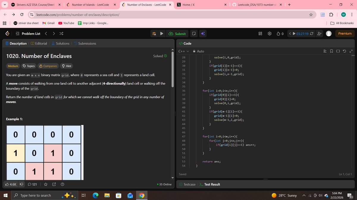 MayankK53059499's tweet photo. #day122 of Coding
Solved Two Graph traversal problems number of enclaves and islands after 4 days due to working on project
Searching for internship opportunity as developer or software trainee
7303070742
Github: https://t.co/BL9KOGRCxm
#100DaysOfCode #BuildInPublic #Consistency https://t.co/h6J4RRqrDj