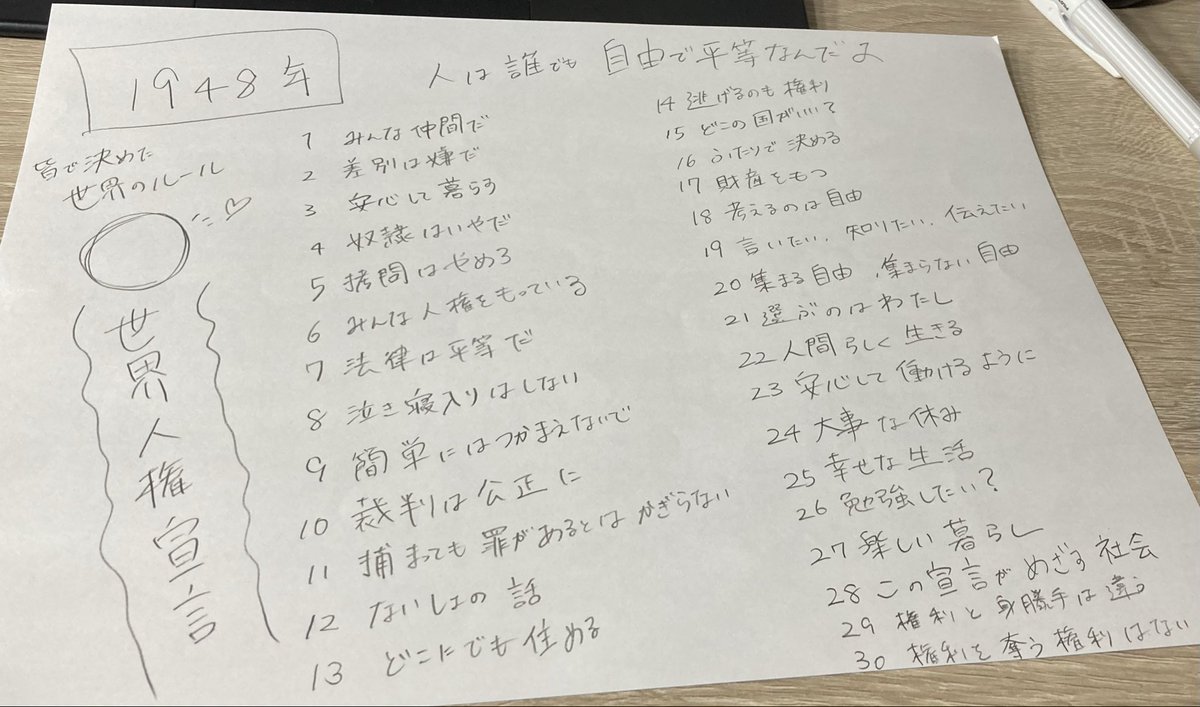 今年でもう試験勉強終わりにしたいな〜。
世界人権宣言の谷川俊太郎訳を書いていたんだけど、言葉選びが書いていて心地良いや。