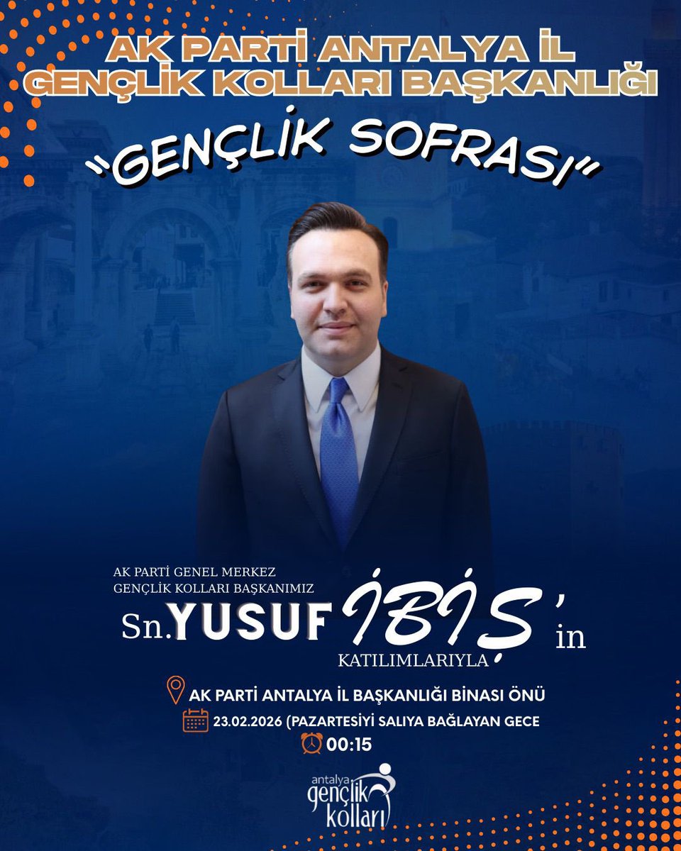 AK Parti Gençlik Kolları Genel Başkanımız Sayın Yusuf İbiş narenciye kokulu,kültürün,sanatın ve turizmin şehri Antalya’da! 🍊

Gençlik Sofrası programımızda; Ramazan’ın bereketini aynı sofrada paylaşmak üzere tüm teşkilatımız bu coşkulu buluşmaya davetlidir.🌟

<a href="/avyusufibis/">Yusuf İBİŞ</a>