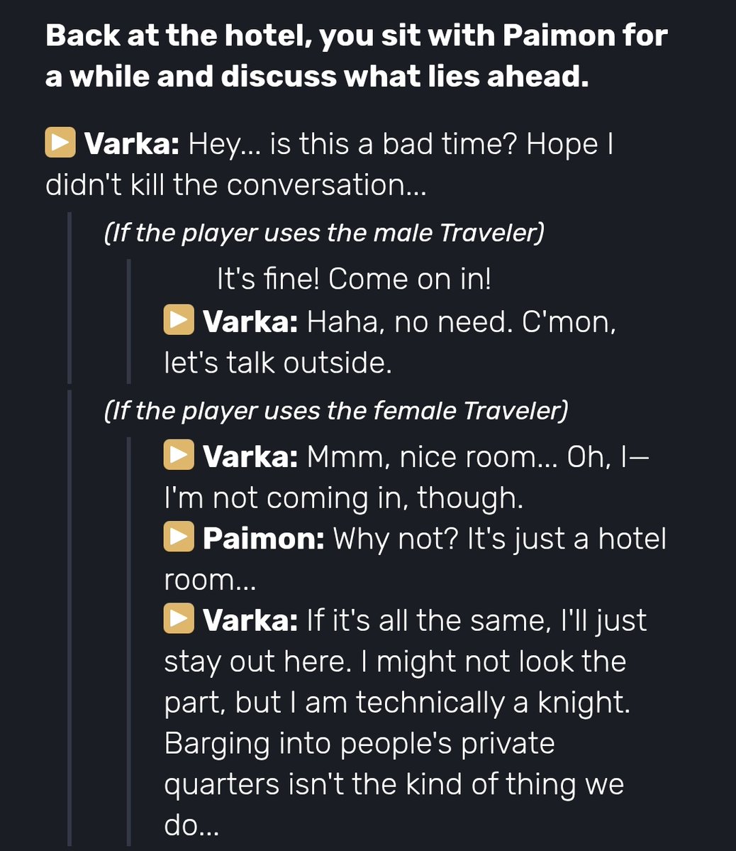 surtada1n's tweet image. the topic of misogynistic undertones in varka's writing reminded me of these moments that rubbed me the wrong way while playing the aq. based on these you can tell that he has certain biases about how men and women should act and interact