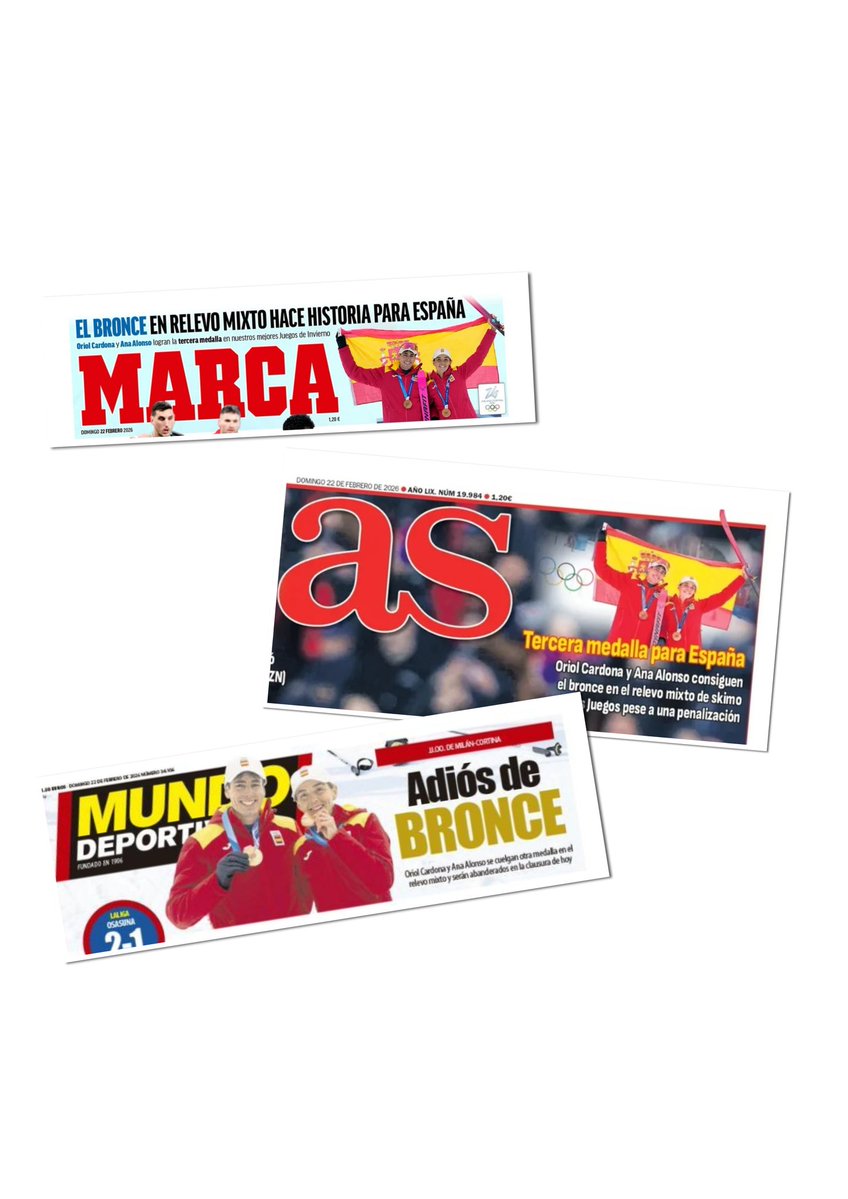 Así trata la prensa deportiva española una medalla de bronce 🥉 olímpica de dos deportistas españoles. Es que, juntando las tres portadas, no hace ni media página. Una más a la lista de despropósitos y de falta de cultura deportiva de nuestro país. Todo suma.