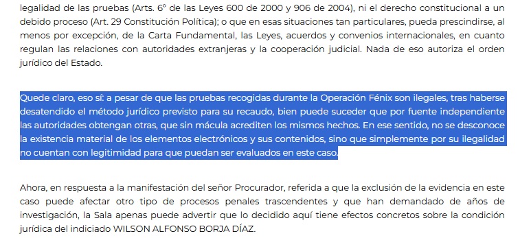 <a href="/IvanCepedaCast/">Iván Cepeda Castro</a> <a href="/Movicecol/">Movice</a> <a href="/AlvaroUribeVel/">Álvaro Uribe Vélez</a> Más allá del DAS, <a href="/IvanCepedaCast/">Iván Cepeda Castro</a> también argumenta que la justicia declaró ilegales los archivos de Reyes porque se vulneró la cadena de custodia.

Pero <a href="/CorteSupremaJ/">Corte Suprema de Justicia</a> los descartó porque fueron recogidos sin presencia de autoridades ecuatorianas, no cuestionó el contenido.