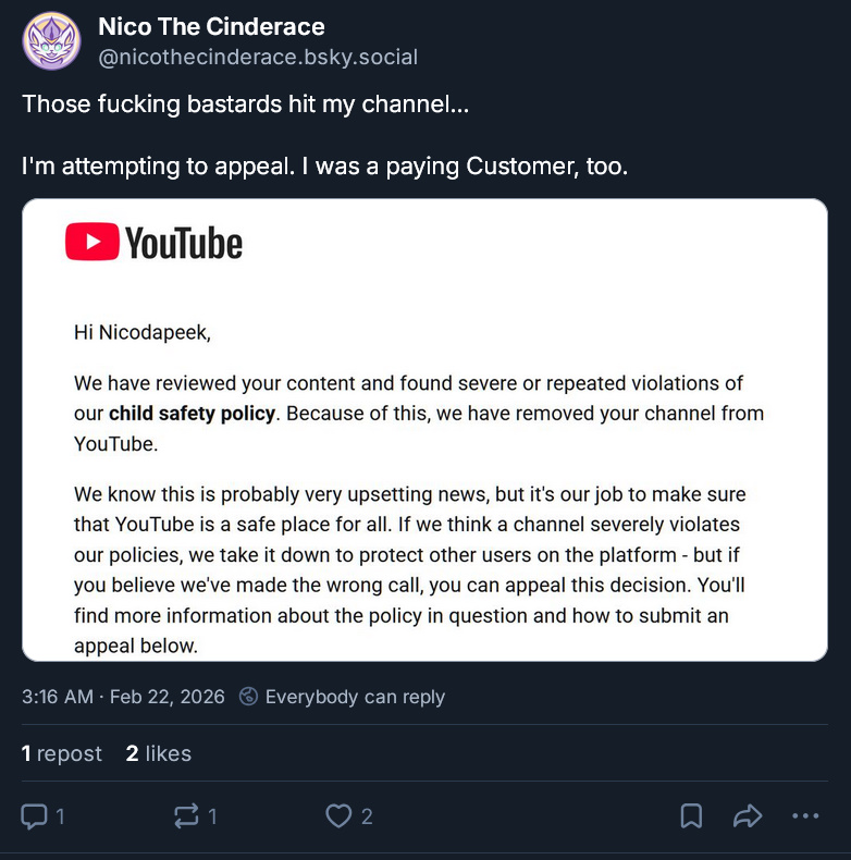 My girlfriend was recently the victim of a cyber attack that had her  primary Gmail compromised by a criminal who proceeded to fraudulently  spam post heinous CP and CSAM material on all apps that said email was  linked to. 1/2 Most notably of all was her Youtube channel... (1/2)