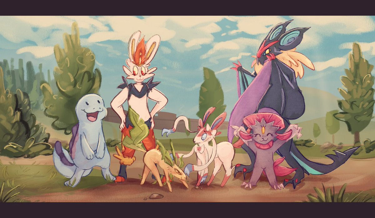 || My team, with whom I completed Pokemon Shield! :3

|| #artwork | #Pokemon | #Quagsire | #Leafeon |#Sylveon | #Noivern | #Weavile | #Cinderace ||
