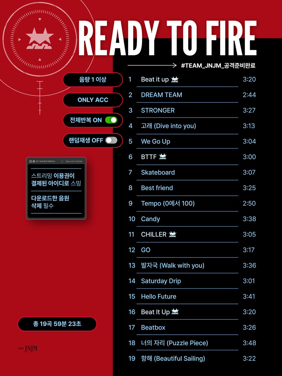𝐑𝐄𝐀𝐃𝐘 𝐓𝐎 𝐅𝐈𝐑𝐄🔥

[⏳D-1] 화력 체크 총공 스밍리스트

NCT JNJM 데뷔 음원 발매를 대비해
스트리밍 화력 체크 총공에 돌입한다.

⏰ 02.22 9PM ~ 02.23 12AM
해시태그: #️⃣TEAM_JNJM_공격준비완료

총공 시작 전 스밍팀 스트리밍 가이드를 참고하여
각 음원 사이트 설정 상태를 반드시 확인