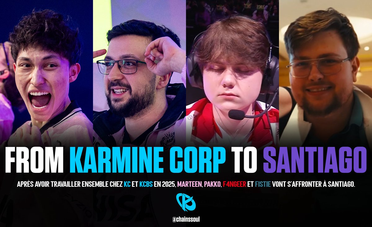 ChainsSoul's tweet image. 4 anciens membres de la Karmine Corp 🇫🇷 vont s'affronter au Masters de Santiago.

M8 Marteen 🇨🇿 - KC 2023 à 2025
M8 Pakko 🇷🇸 - KCBS 2025
AG F4ngeer 🇷🇺 - KCBS 2025
XLG Fistie 🇷🇺 - KC 2024 à 2025