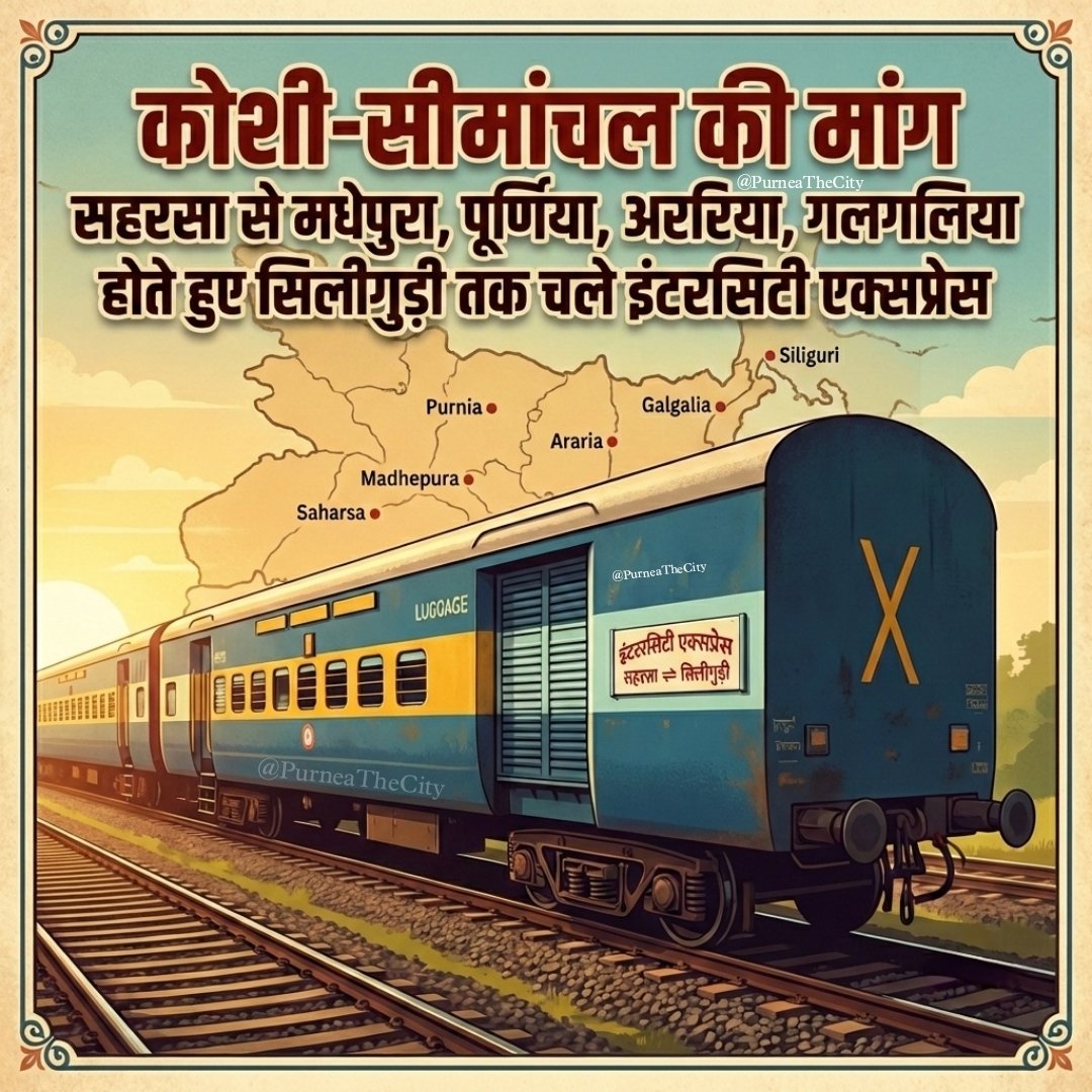 purneathecity's tweet image. कोशी सीमांचल की माँग 
सहरसा से मधेपुरा, पूर्णिया, अररिया, ठाकुरगंज, गलगलिया होते हुए सिलीगुड़ी तक चले इंटरसिटी एक्सप्रेस 🚉

#IndianRailway #Purnea #Siliguri #Saharsa @RailMinIndia @ECRlyHJP @saharsarail @PurneaTimes @RailNf @spjdivn