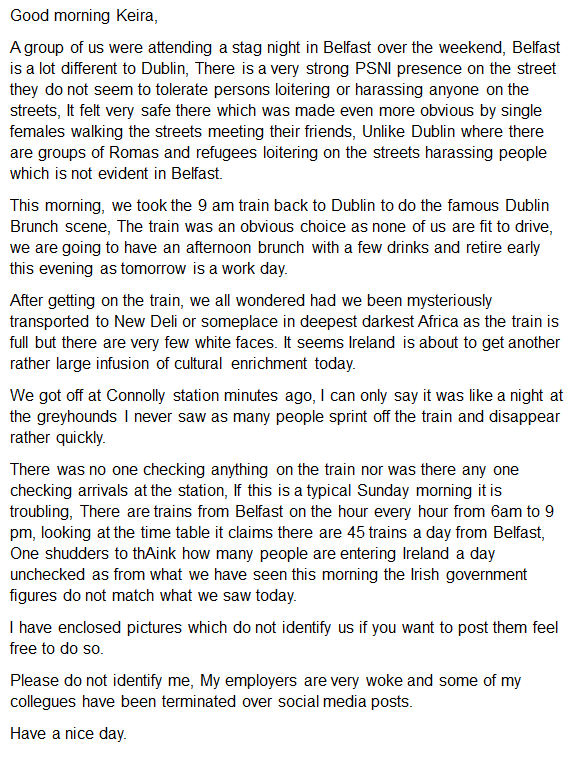 keira_con's tweet photo. This arrived this morning worth a read, Persons on the Belfast to Dublin Train telling it as it is, They also supplied photos which I am not going to publish as it is an offense to identify asylum seekers but I am stunned as to how many are on the train, I will seek advise as to blanking out faces and if this is acceptable to publish photos.
