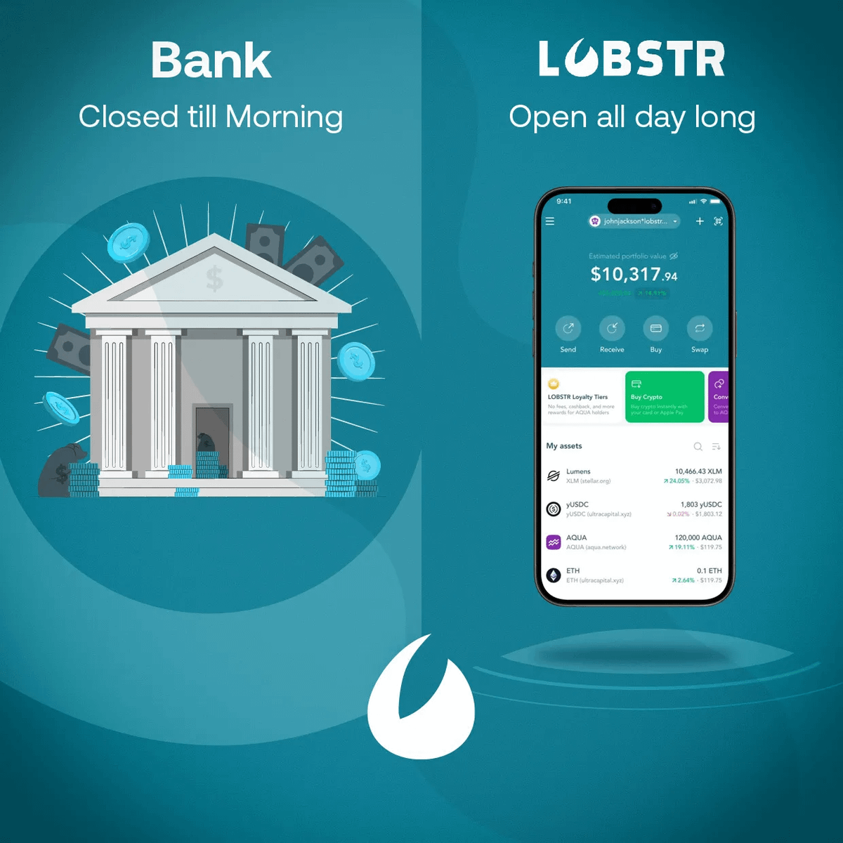 lobstr's tweet photo. Money doesn’t sleep.
Why should your wallet?

LOBSTR is open when the banks are not. 🦞 https://t.co/9H7bNt4mhj