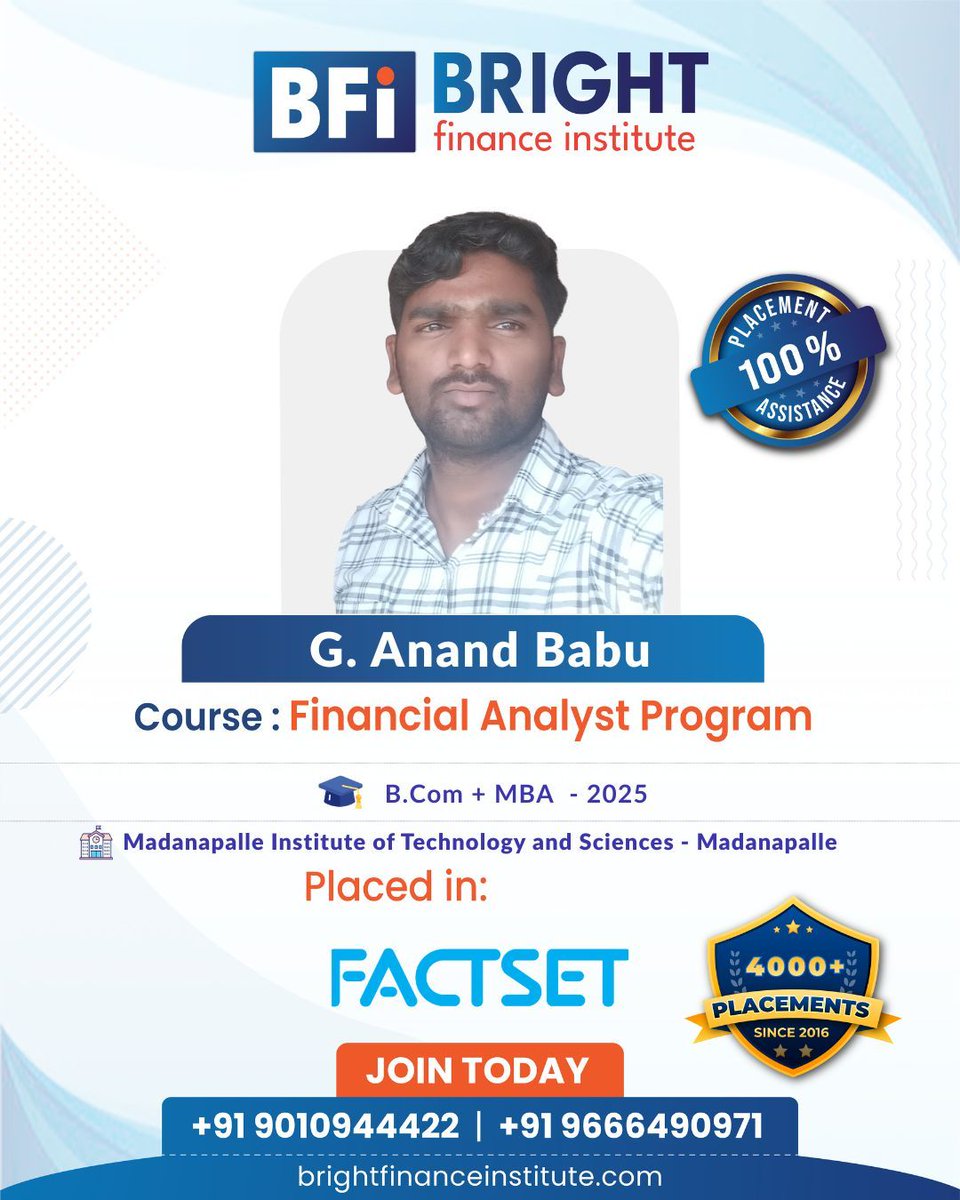 finance_br44873's tweet image. 🎉 Placement Success!

G. Anand Babu (B.Com + MBA 2025, MITS – Madanapalle) placed at FactSet through BFI’s Financial Analyst Program. 💯 Placement Assistance

Join now!
📞 +91 9010944422
🌐 brightfinanceinstitute.com

#BFI #FactSet #FinanceCareer