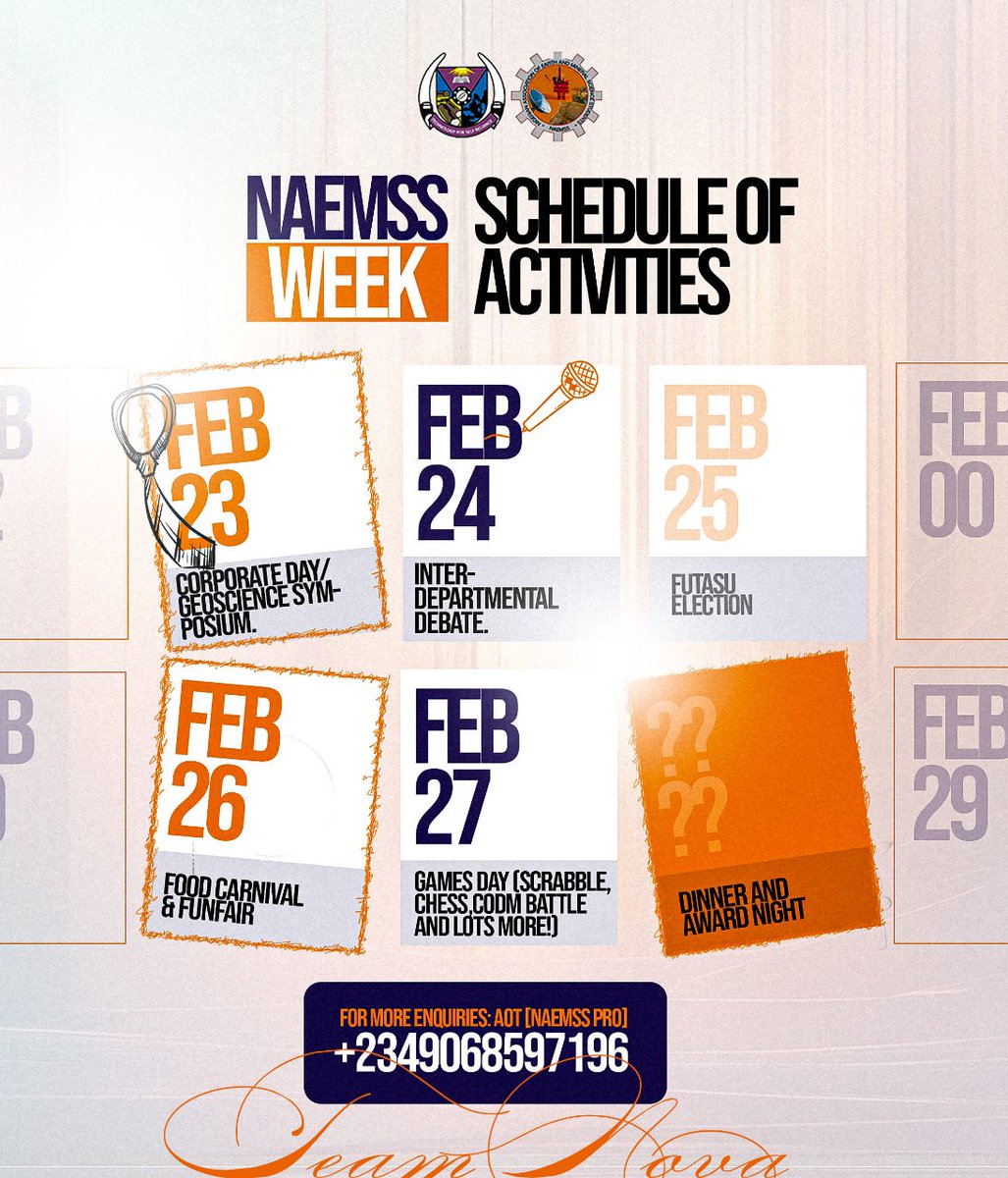 naemssx's tweet photo. NAEMSS WEEK IS HERE 🔥🌍
Corporate Day ✅
Debate 🔥
Election 🗳
Food Carnival 🍔
Games Day 🎮
Dinner & Award Night 🎩✨
Clear your schedule , it’s about to be a MOVIE 🎬
#NAEMSSWeek #SEMS #FacultyVibes #NoDulling #Futa #trend https://t.co/yLskGQXLjZ