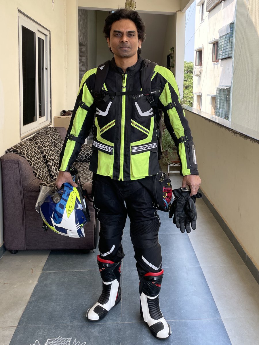rvkvikas's tweet photo. Riding Gear makes us feel like 'Iron Man' 😎 This was my photo before I left on the tour in the morning. I wore BBG gear and racing boots to ride the TVS Apache RTR 310. https://t.co/PkNlFYiyAT
