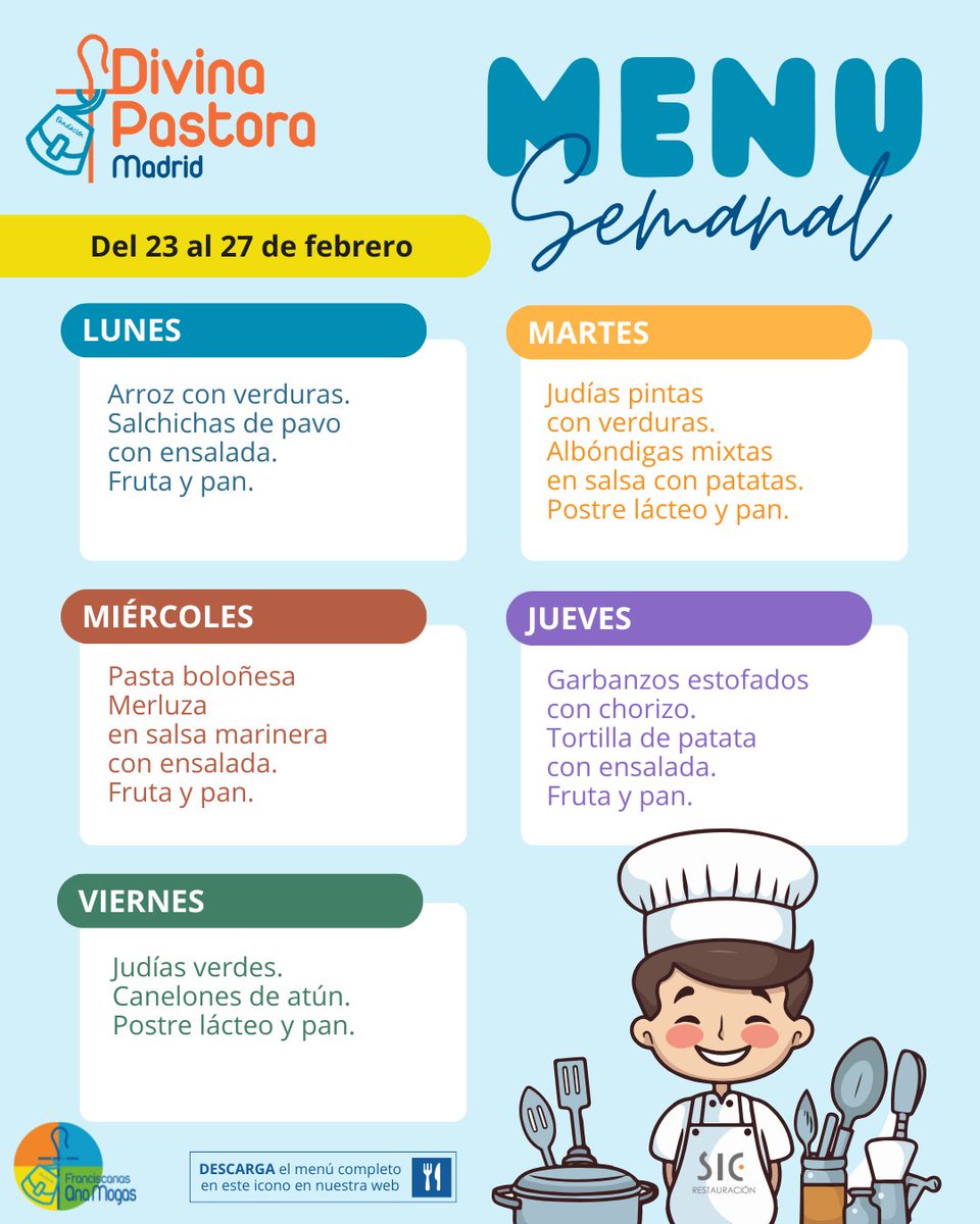 🍲 Como cada domingo, compartimos el menú semanal de nuestro comedor escolar.
👉 En la web podéis consultar también los menús sin gluten, sin huevo, sin leche y sin legumbre. 💙
#DivinaPastoraMadrid #SomosFranciscanas #ComedorEscolar