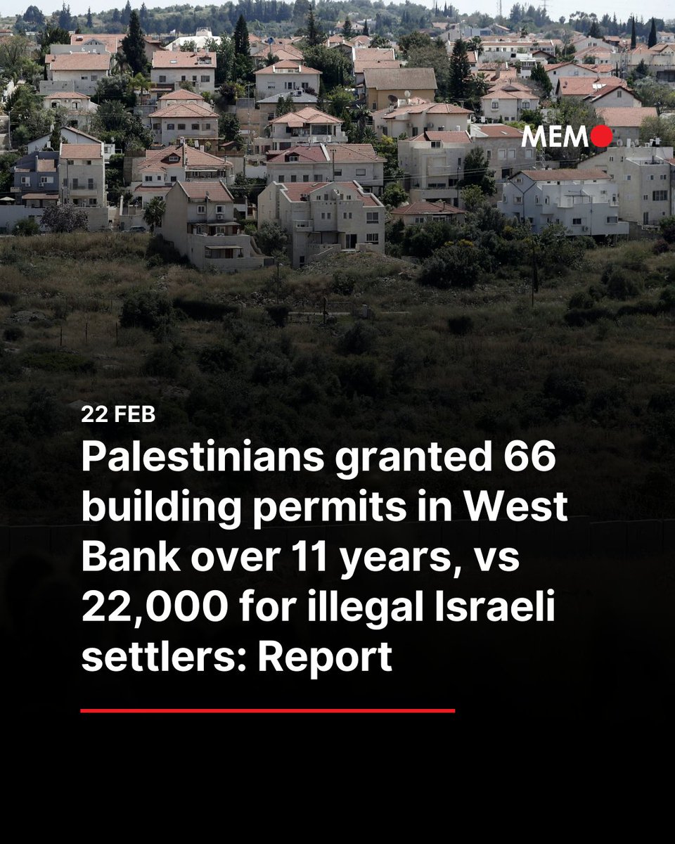 MiddleEastMnt's tweet image. Israeli authorities granted only 66 building permits to Palestinians in the occupied West Bank over an 11-year period, while illegal settlers were given 22,000 permits, an Israeli newspaper reported Sunday, Anadolu reports.

According to Haaretz daily, only 66 building permits