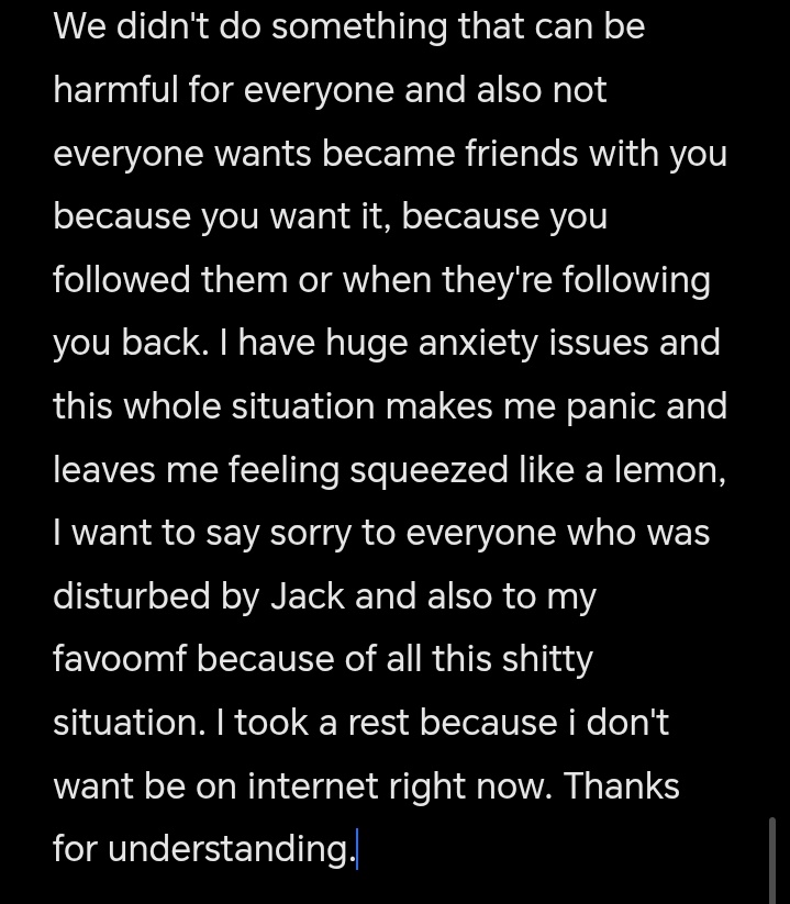 please pay attention to this post
yesterday i saw that jack text in someones strawpage but i hoped that they're will calm down, but today i saw that totally confused me
i apologize for the mistakes in post, i texted this without google translator and on emotions