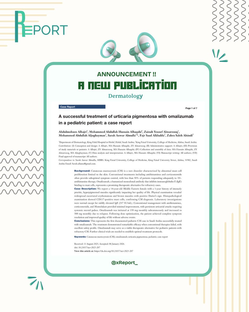 xReport_'s tweet photo. New Dermatology case report publication! 🤩

To Read: https://t.co/6UKmsM12Hs https://t.co/RhZbm7wfrF
