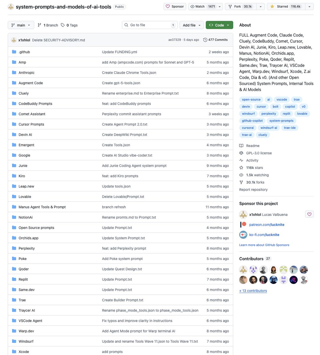 🚨BREAKING: Someone leaked the system prompts of every major AI coding assistant.

You can see exactly how they work:

- Cursor, Claude Code, Windsurf, Devin, Replit, v0
- 30,000+ lines of internal instructions &amp; prompts
- Agent architectures, tool configurations, workflows
-