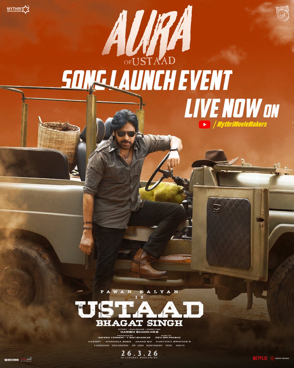 UBSTheFilm's tweet photo. This celebrations begin 💥💥

Watch #UstaadBhagatSingh second single #AuraOfUstaad launch event live now 🤩
▶️ https://t.co/R5Dv1zPADg

Song out Very Soon ❤️‍🔥

#UstaadBhagatSingh GRAND RELEASE WORLDWIDE ON 26th MARCH, 2026.

#UBSOnMarch26th

POWER STAR @PawanKalyan @harish2you @sreeleela14 #RaashiiKhanna @ThisIsDSP @rparthiepan @DoP_Bose #AnandSai @Venupro @MythriOfficial @SonyMusicSouth @UBSthefilm