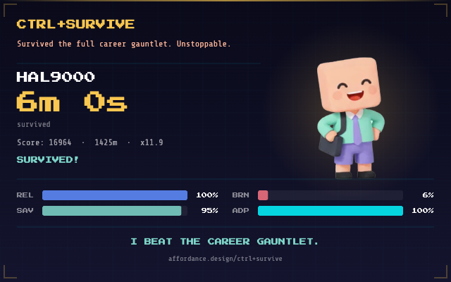 pixel8d's tweet photo. The “Top Survivor” in CTRL + SURVIVE will receive:
1 week free access to Claude, including Claude Code.
Earn it. Survive 300 seconds.
Post your high score. Share your run here.
The challenge is open for 24 hours.
Most will not make it.
Go Play - https://t.co/fFIjOKPEPE
@claudeai https://t.co/TMGCPVMC0T
