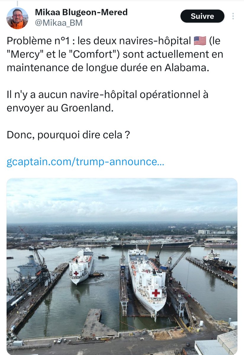 Imagine, un président des USA qui annoncerait envoyer un navire hôpital au Groenland pour résoudre une crise médicale, alors qu'il n'y a aucune crise médicale et qu'il n'y a aucun navire hôpital disponible.
Nan je déconne, personne n'est aussi délirant.
À part Donald Trump.