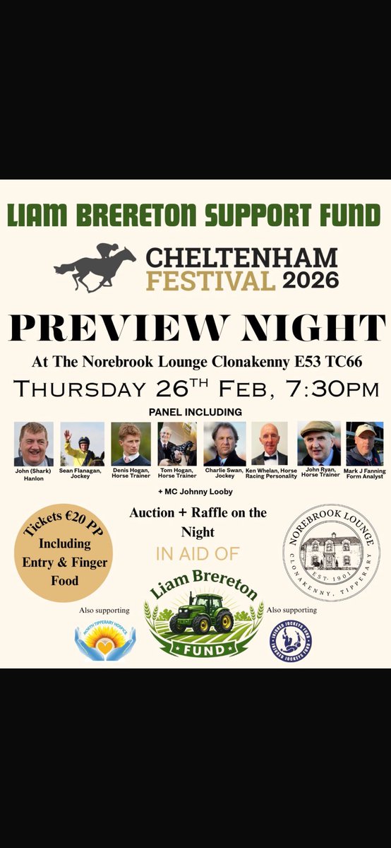 For a great night entertainment please come along to <a href="/clonakenny/">Catherine Rooney</a> Thursday 26th.7.30 <a href="/jhanlonracing/">Shark Hanlon Racing</a> <a href="/RacingPost/">Racing Post</a> <a href="/irishracing/">irishracing.com</a>