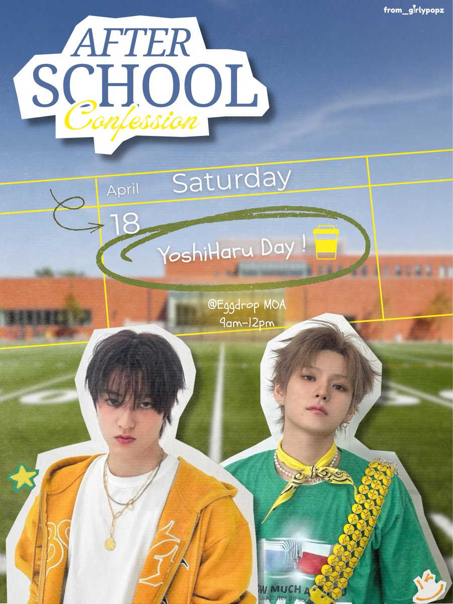 from_girlypopz's tweet photo. જ⁀➴ After School Confession: 𝒀𝒐𝒔𝒉𝒊𝑯𝒂𝒓𝒖 𝑫𝒂𝒚 ★

a pre-concert cupsleeve come-and-go event to celebrate the birthday of Yoshi and Haruto!

꩜  date: April 18, 2026
⋆☕︎ venue: Eggdrop MOA
ᝰ kit fee: ₱250

registration soon <𝟑 .ᐟ

#ASCYoshiHaruDay https://t.co/rquSDoHVBX