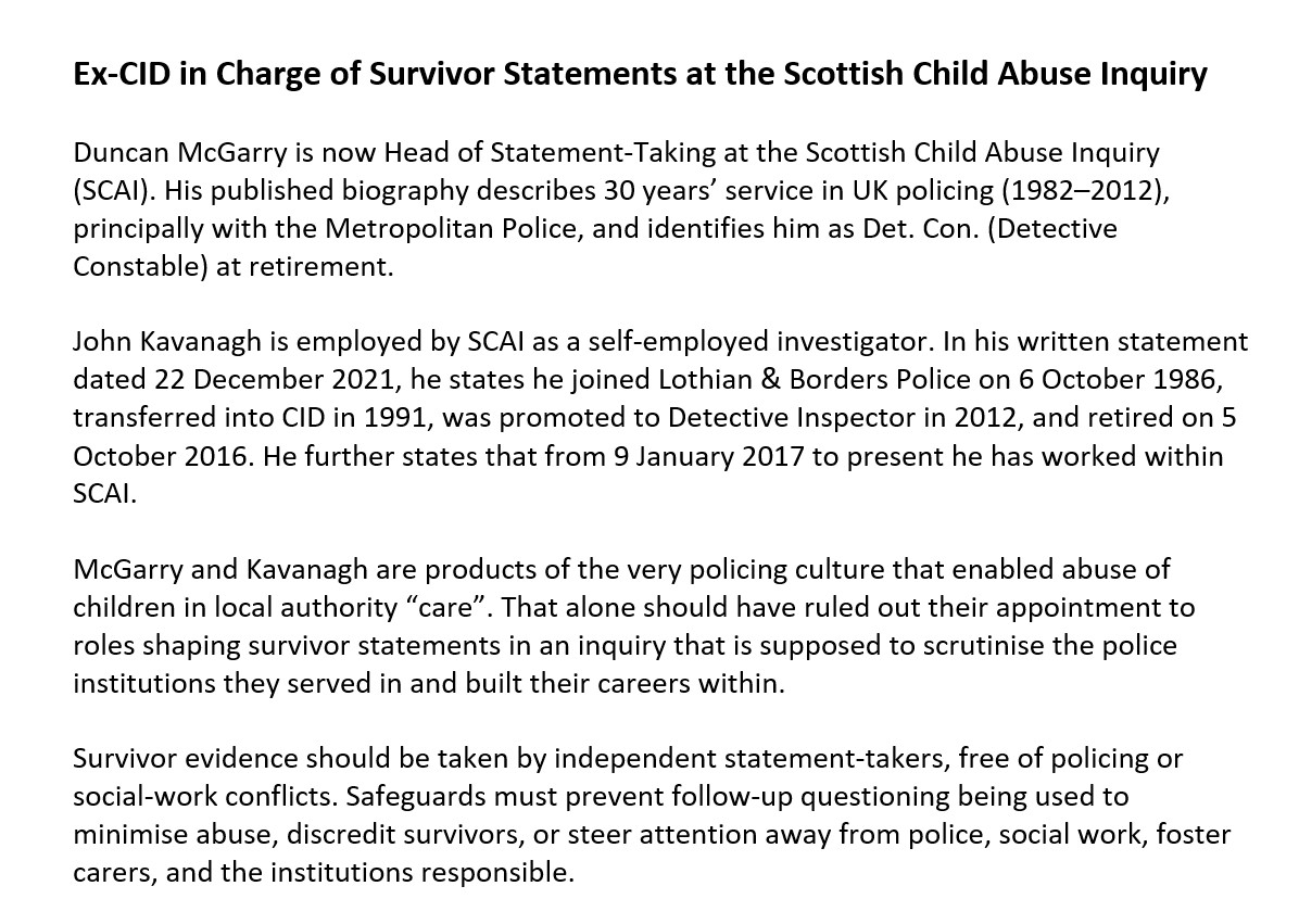 may_willsher's tweet image. Don’t engage with @ScottishCAI 
It operates as a cover-up of state child abuse: survivor statements are filtered &amp;amp; credibility-tested while police/social work/foster carers are shielded &amp;amp; insiders get lucrative second careers.
#ScottishChildAbuseInquiry #KevinSutherland #coverup