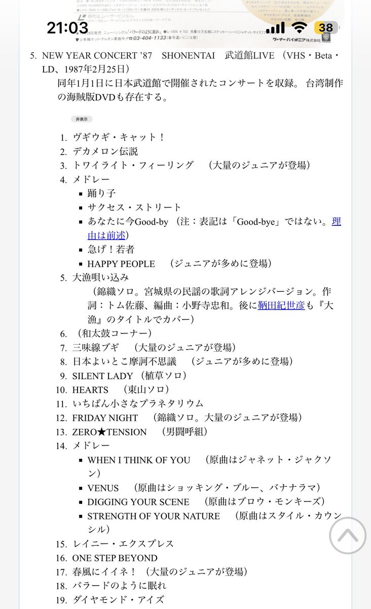 少年隊 『NEW YEAR CONCERT '87 SHONENTAI 武道館LIVE』 VHS・Beta・LD