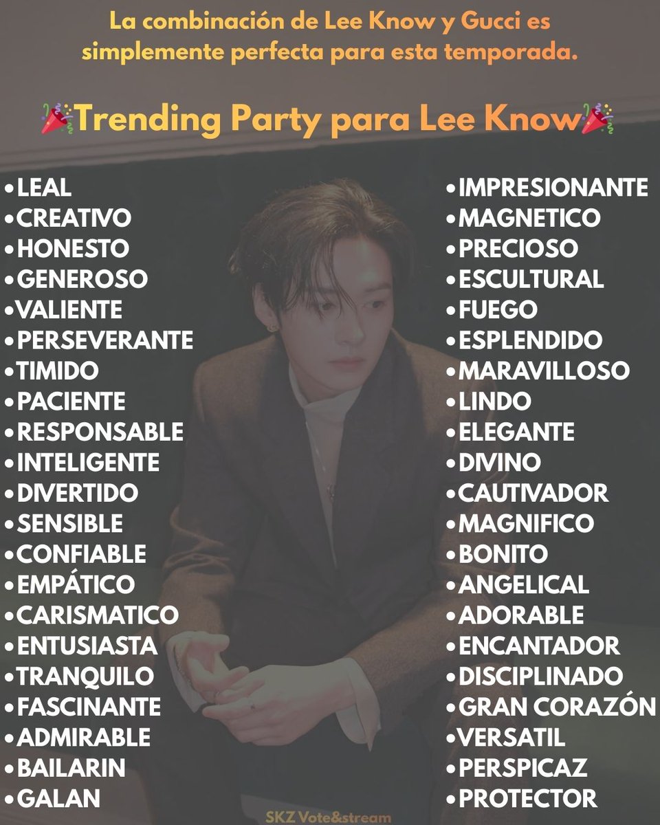 ✨ La elegancia tiene nombre y apellido: Lee Know.✨

Damos inicio oficial a la cuenta regresiva para verlo conquistar Milán y es por eso que es momento de demostrar nuestro apoyo para nuestro querido Lino.

‼️RT y COMENTAR 10 veces con diferentes palabras de la lista, FORMAR
