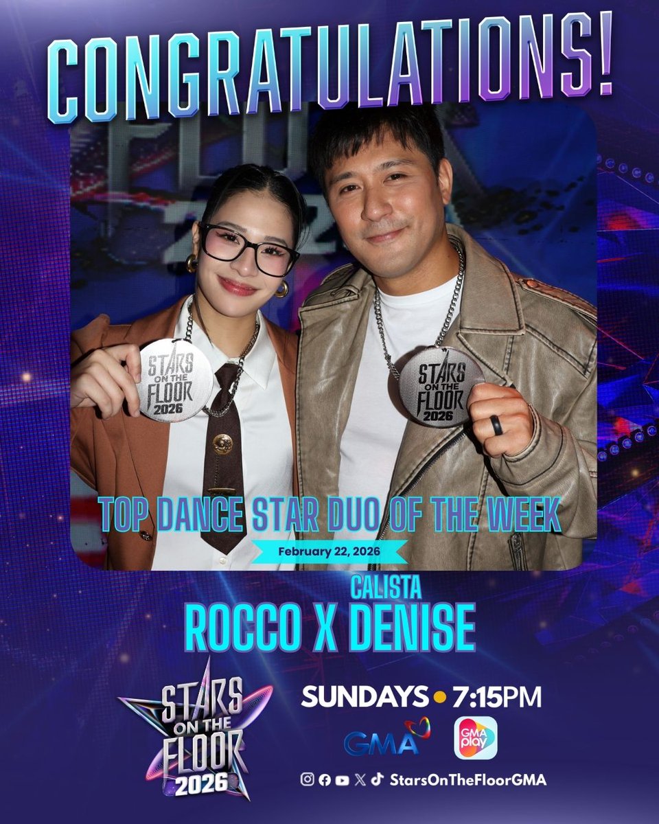 SOTF_GMA's tweet photo. Congratulations to the Top Dance Star Duo for #SOTFLabanNa, Rocco Nacino and CALISTA Denise! 🤩👏

#StarsOnTheFloor | Sundays, 7:15 PM
#SOTFLabanNa #RoccoNacino #CALISTA_Denise https://t.co/FXheeG892C