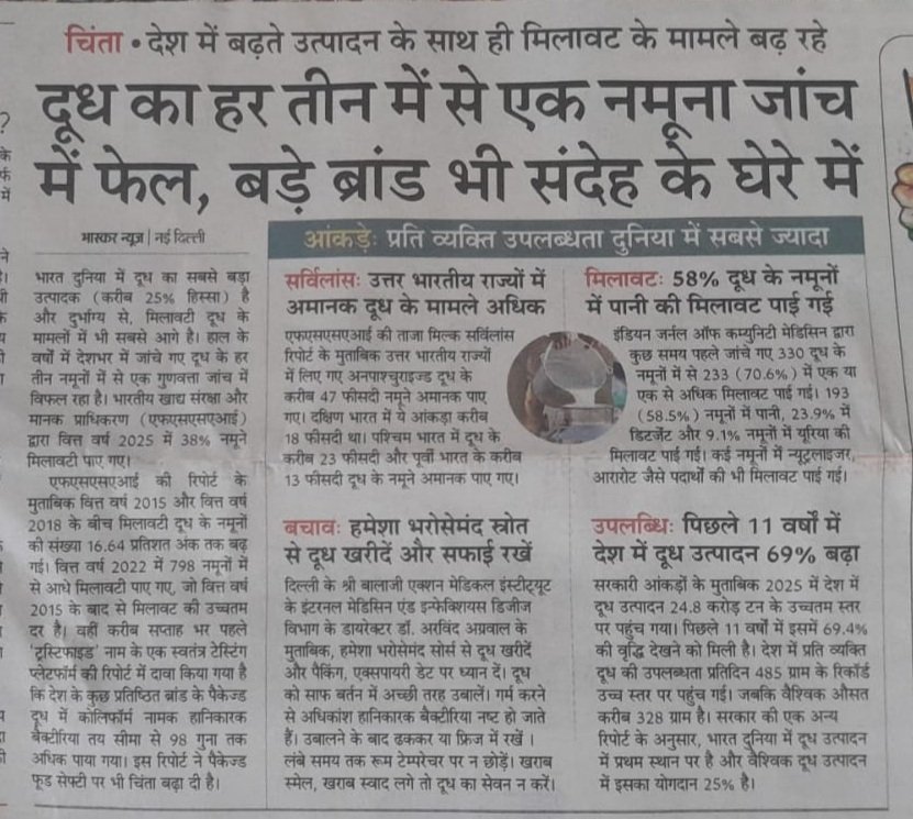Abhikhandekar1's tweet photo. यह स्थिति दूध की है तो सोचिये हम क्या खा-पी सकते है इस देश में? बच्चों के नसीब में अच्छा दूध भी नही है ७७ वर्ष बाद? मावा,पानी,लाल मिर्च,हल्दी,मिठाईयाँ,हरी सब्जियां,फल,तेल--सब मिलावटी है।आम आदमी भयंकर निराश और असहाय है।
पर कौन है देखने-सुनने वाला? कहाँ है सरकार व जिम्मेदार अफसर? https://t.co/qF0WJfVvXM