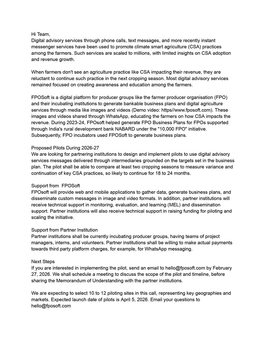 . <a href="/fposoft/">FPOSoft</a> invites organisations promoting FPOs for a pilot on climate smart agriculture.