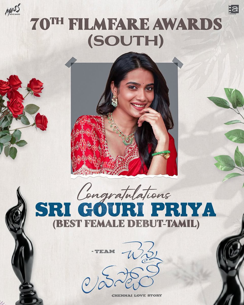 ChennaiLoveStory Team Congratulates  <a href="/srigouripriya/">Sri Gouri Priya</a> on winning the Best Female Debut (Tamil) at the 70th Filmfare Awards - South

A well-deserved award for a performance that won hearts.

Congratulations from the team of

#KiranAbbavaram #TeamKiranAbbavaram #ChennaiLoveStory