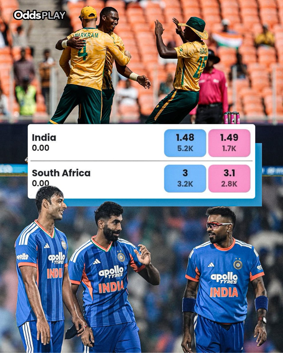 India – 1.48 / 1.49
South Africa – 3.00 / 3.10

Favourites vs Fighters 👀
Big clash. Bigger odds.

Choose wisely 👉 oddsplay.in &amp; oddsbook.in