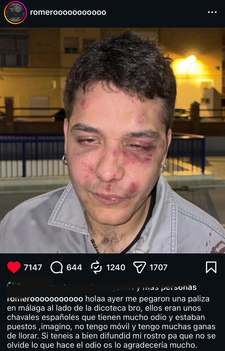 los replies llenos de fascistas diciendo que no hay neonazis pegando palizas a gente del colectivo cuando anteayer pasó esto en malaga, y no, no eran moros ni inmigrantes ni hostias, eran unos putos fascistas