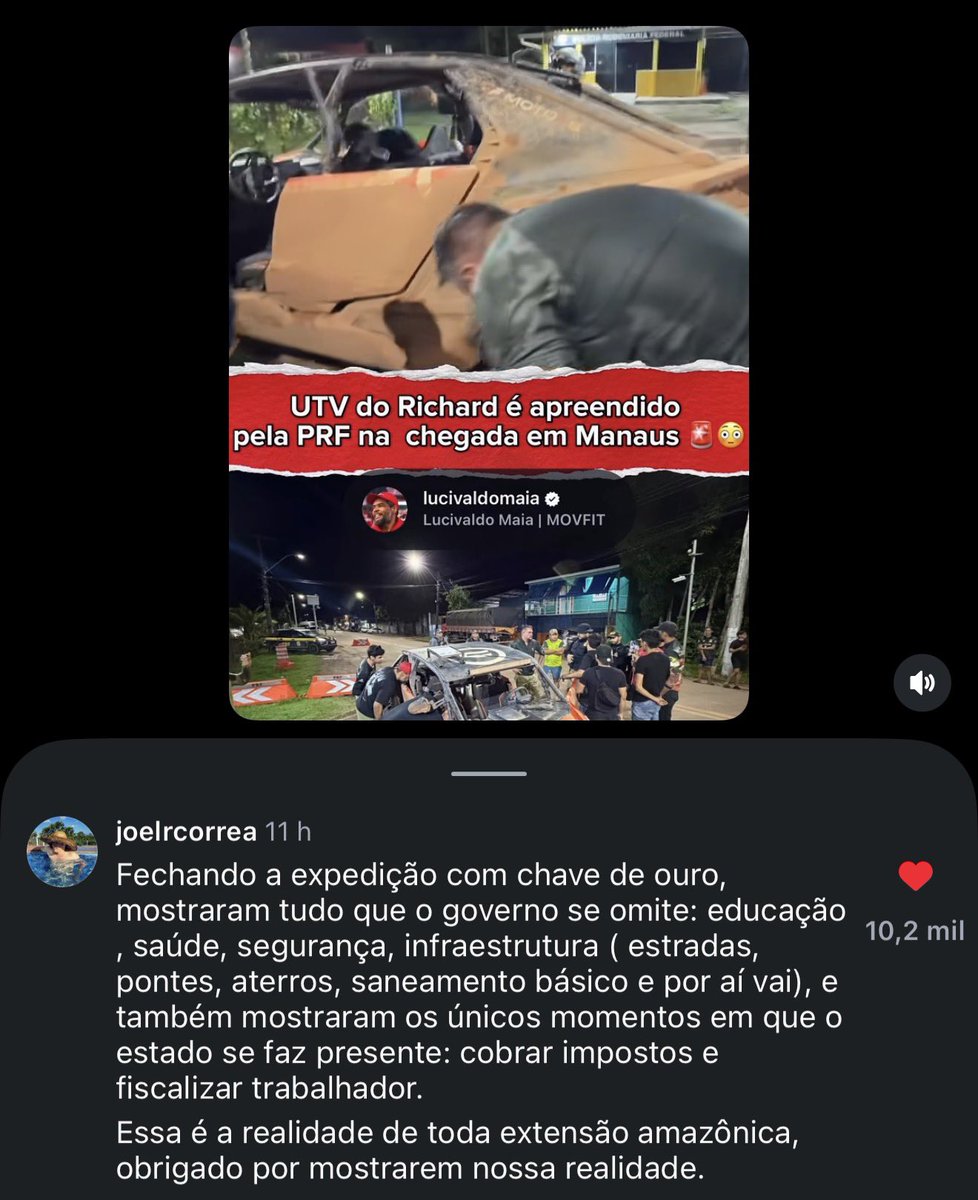 Esse comentário na notícia resume a tour na Rodovia TRANSAMAZÔNICA no Norte do Brasil feita essa semana por Richard Rasmussen, Cariani, Balestrin, Gordox, etc.

Parabéns “joelrcorrea” 👏🏼