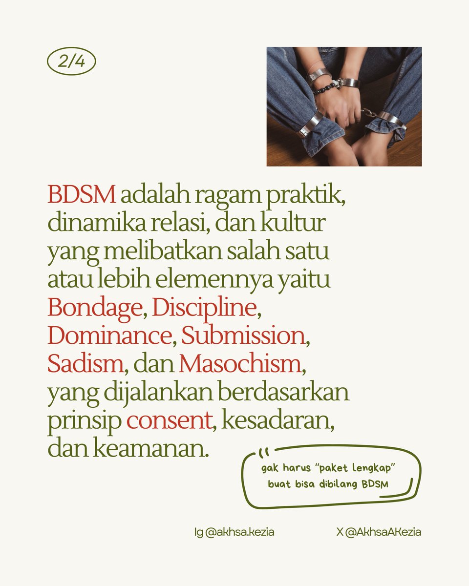 AkhsaAKezia's tweet image. Daripada bingung, asal nyebut, ato salah paham tentang BDSM, mending belajar bareng yuk Apa itu BDSM sebenarnya 👌
Next kita bakal bahas stigma" yang beredar tentang bdsm dan aslinya tuh gimana sih. 
Kalo kamu pernah denger stigma apa aja soal bdsm ? 🤔 
#KajianKink