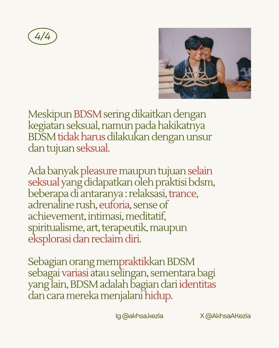 AkhsaAKezia's tweet image. Daripada bingung, asal nyebut, ato salah paham tentang BDSM, mending belajar bareng yuk Apa itu BDSM sebenarnya 👌
Next kita bakal bahas stigma" yang beredar tentang bdsm dan aslinya tuh gimana sih. 
Kalo kamu pernah denger stigma apa aja soal bdsm ? 🤔 
#KajianKink