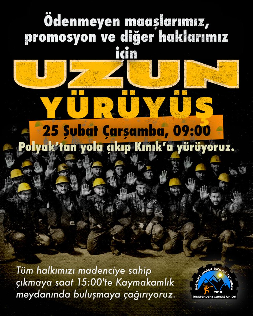 Ödenmeyen maaşlarımız, promosyon ve diğer haklarımız için Polyak madencilik önünden Kınık meydanına yürüyoruz. 

Tüm halkımızı madenciye sahip çıkmaya çağırıyoruz. 

📅 25 Şubat Çarşamba
⏱️ 09:00 Maden Önü
⏱️ 15:00 Kınık Kaymakamlık Meydanı

#Madencilerleyim