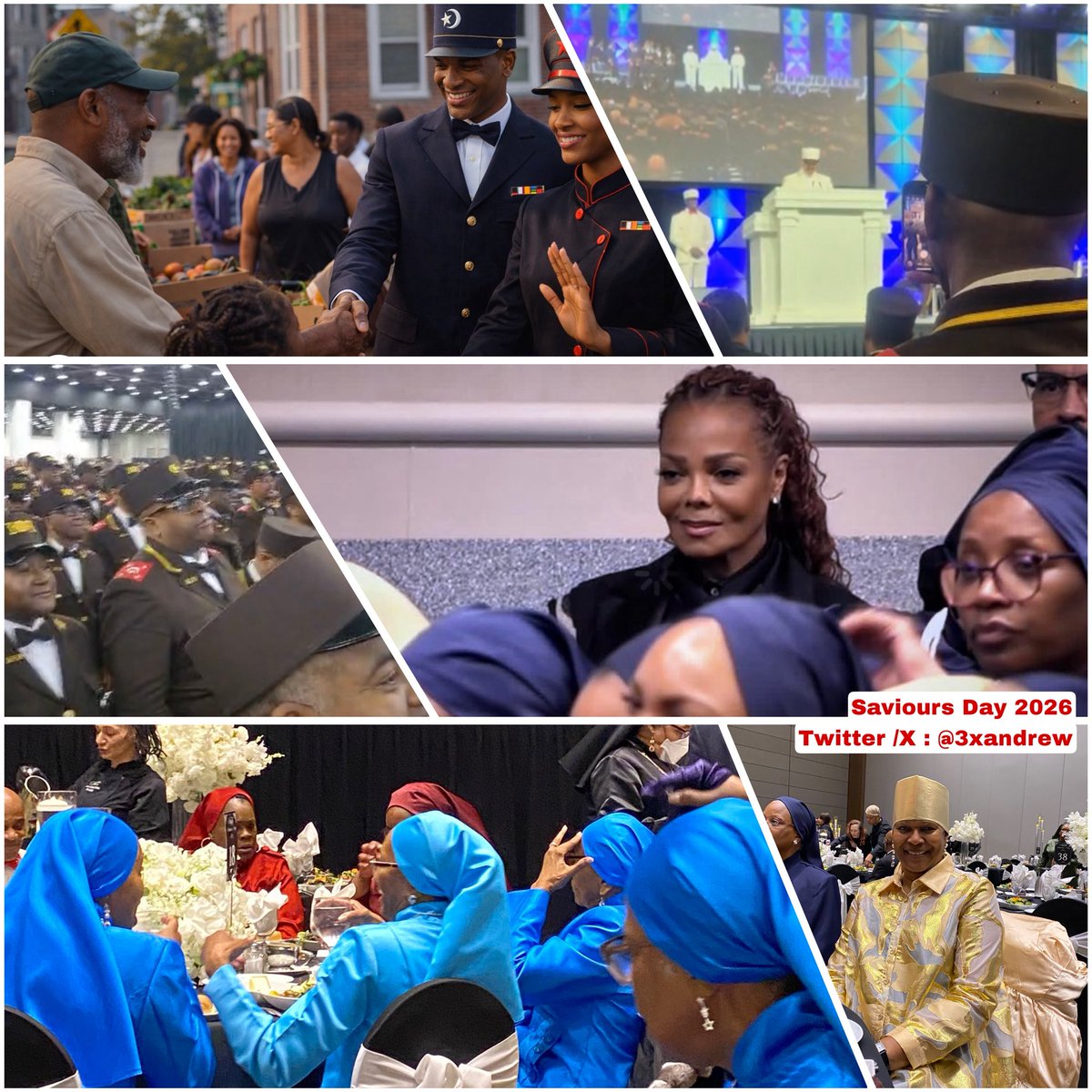 3xandrew's tweet photo. SAVIOURS DAY 2026 :THE HON MINISTER LOUIS FARRAKHAN - ‘Bringing Communities Together To Serve’ : 

Pictures  are from this years Saviours’ Day (2026) schedule of workshops , graduation ceremonies & dedicated Men’s & Women sessions include a resplendent  Janet Jackson(central  of collage). 

The Nation of Islam opens its doors to EVERY SECTION OF THE COMMUNITY !

can you help!
SUPPORT THE SAVIOURS’ DAY GIFT 
https://t.co/Dyfc58t0nL
(donations from £5)